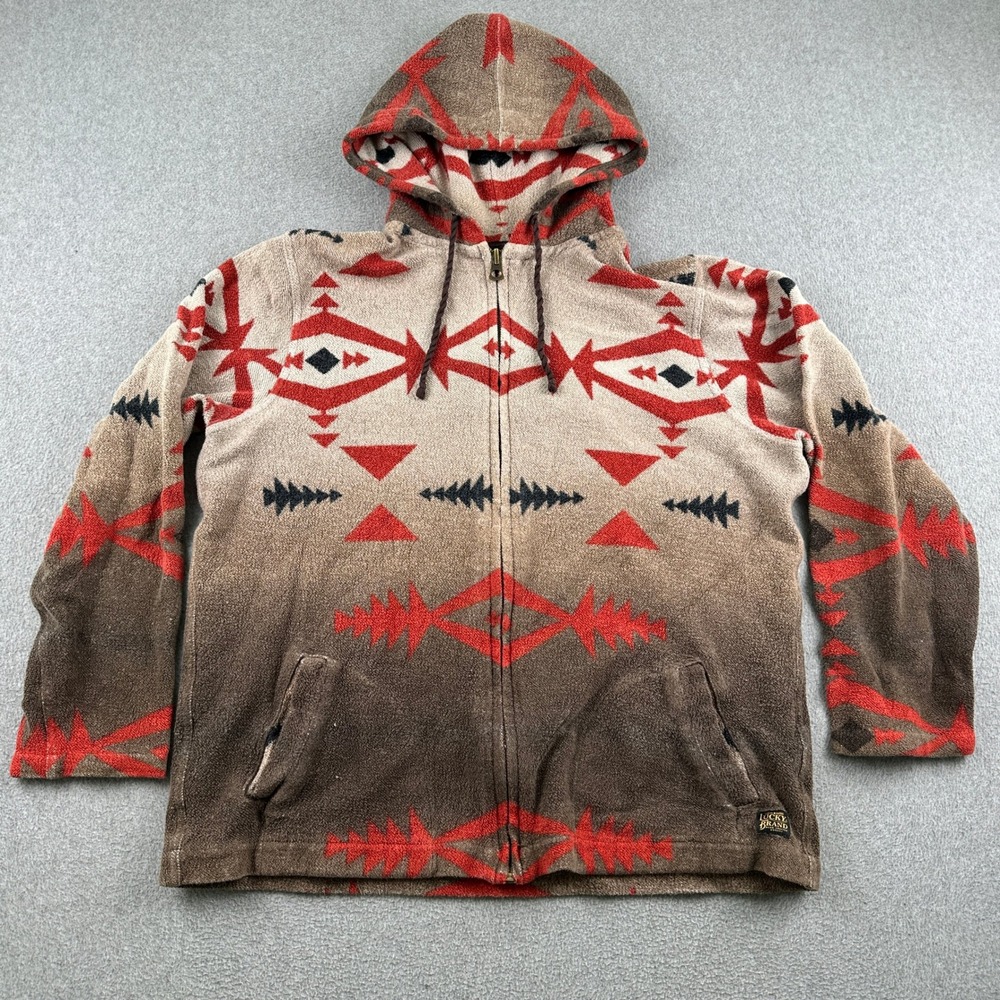 Lucky Brand Hoodie Mens XL 7M70898 Brown Southwestern Geometric Full Zip Cotton